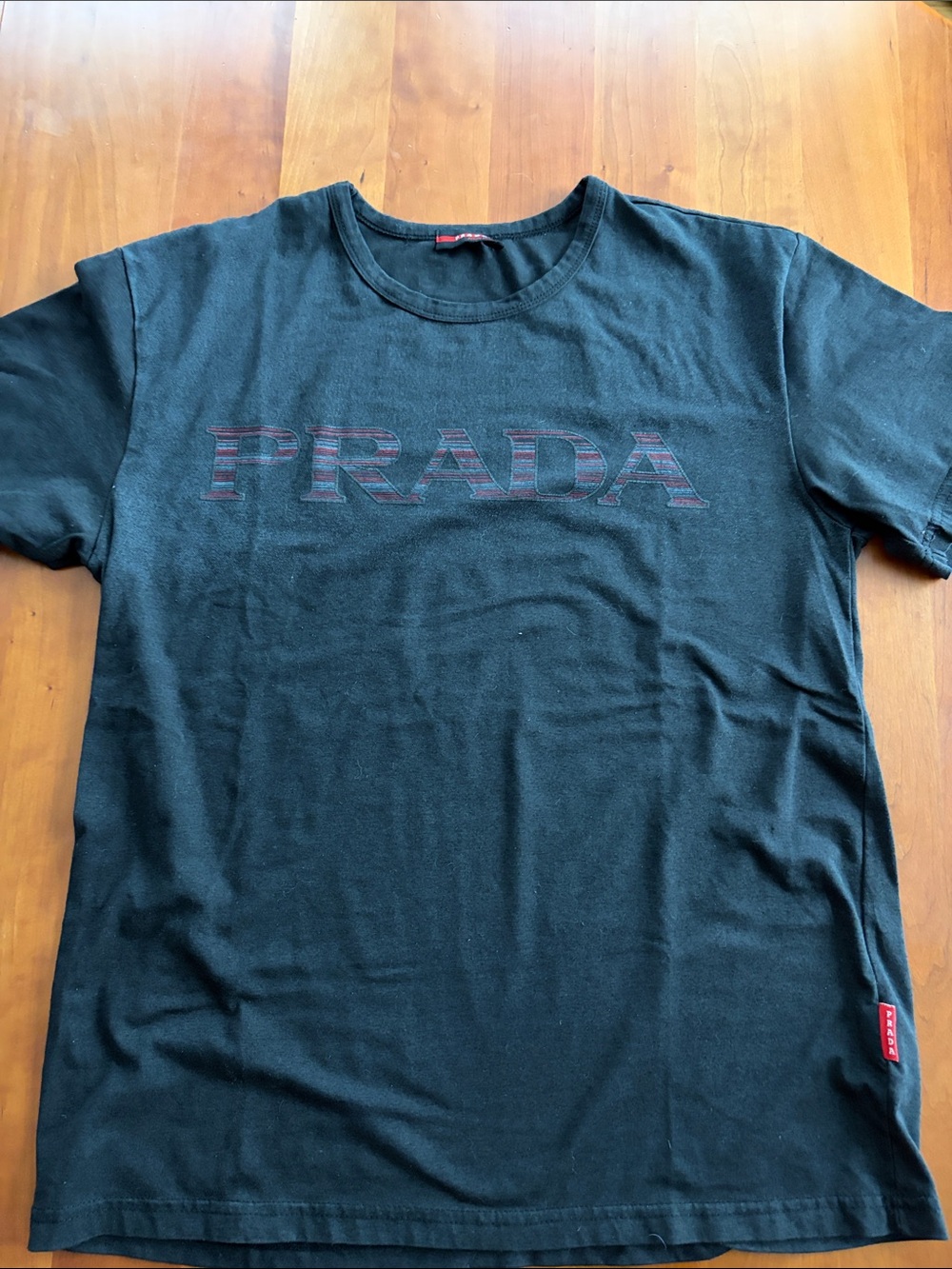 Prada Black T-Shirt with Subtle Red Striped Logo